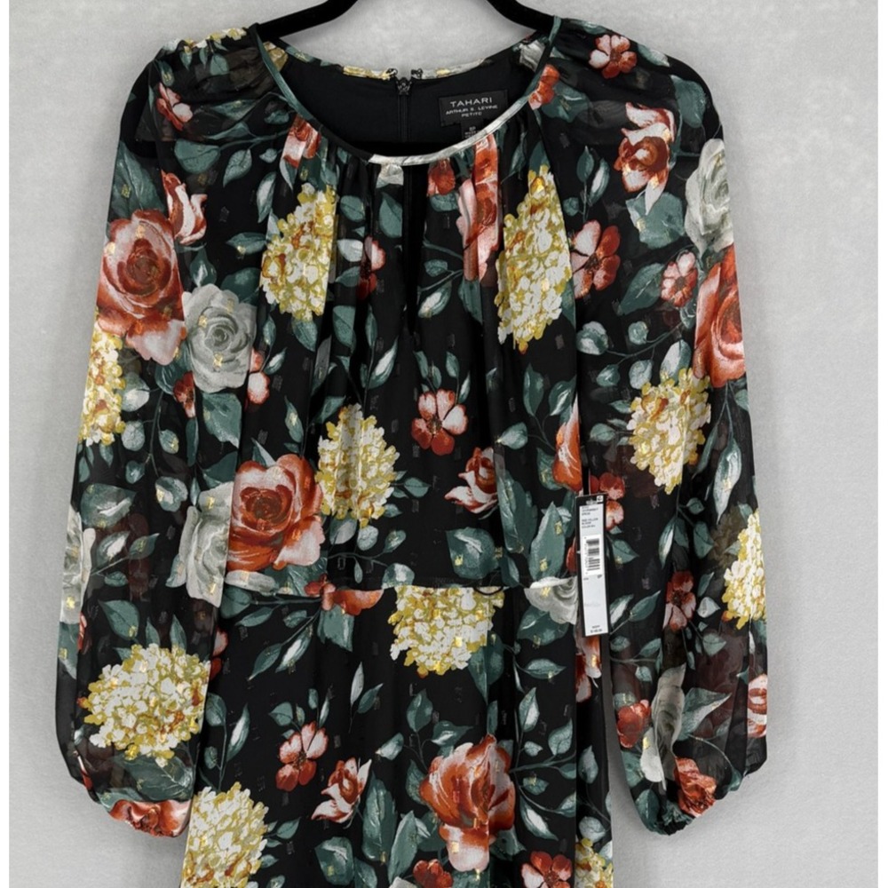 New Tahari Arthur S Levine Dress Womens 8P Black Floral Long Sleeve Chiffon Midi - Picture 2 of 11